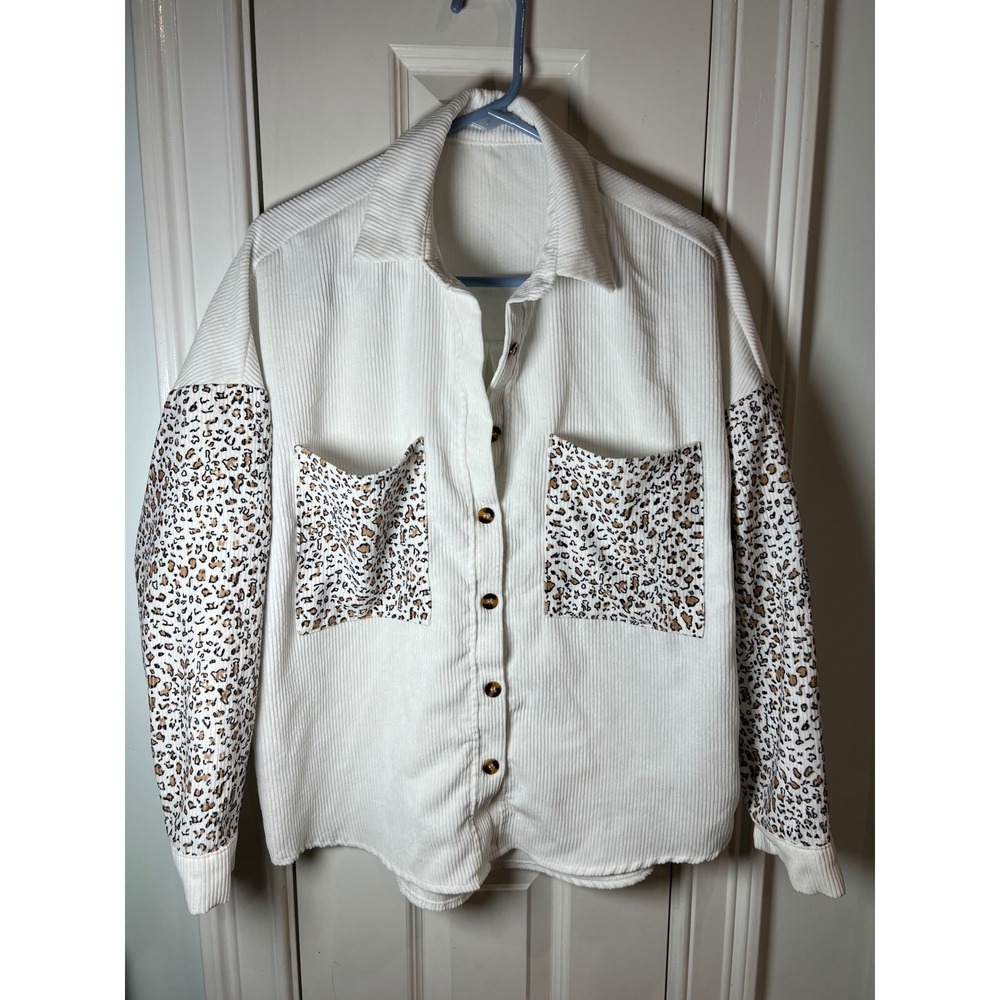 White Corduroy Leopard Print Mixed Media Button Down Shacket Shirt Small